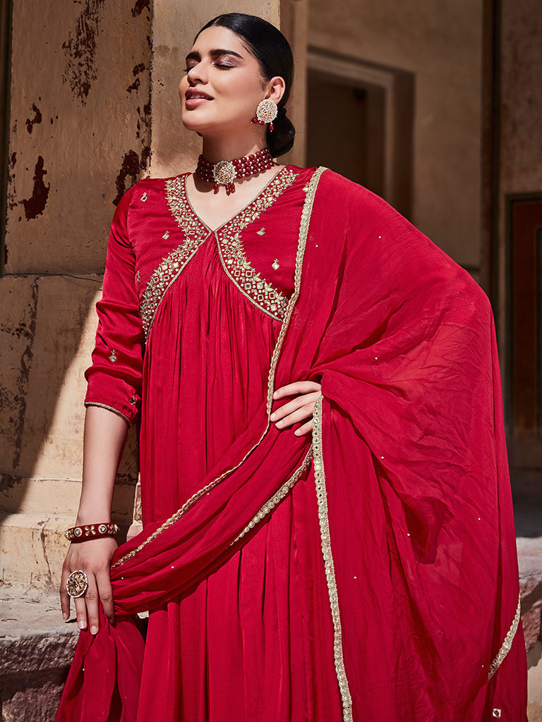 Red Zardosi Embroidered Silk Long Kurta Paired With Embrodiered Organza Dupatta