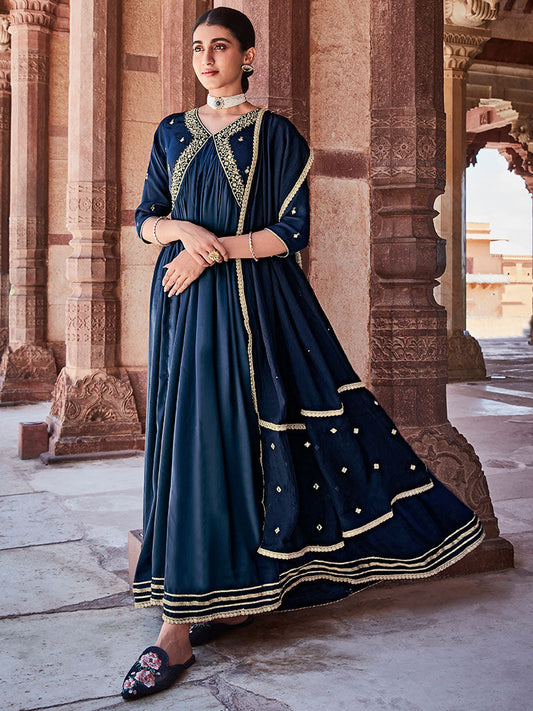 Navy Blue Zardosi Embroidered Silk Long Kurta Paired With Embroidered Organza Dupatta