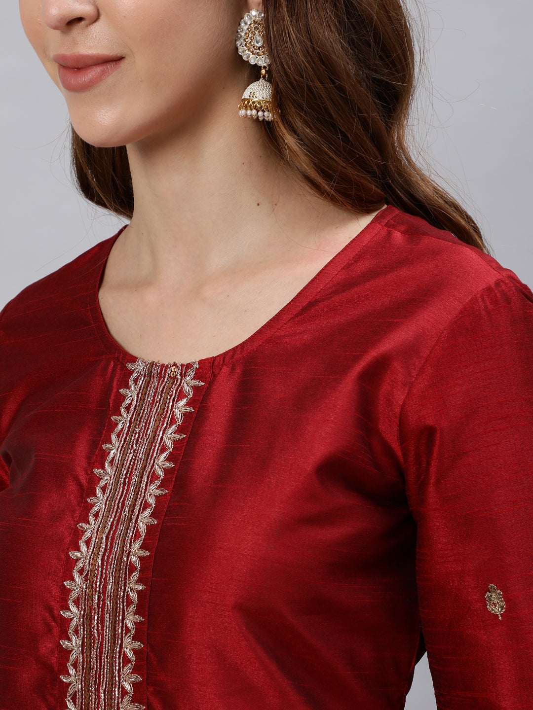 Maroon Embroidered Silk Blend Kurta with Pants and Dupatta