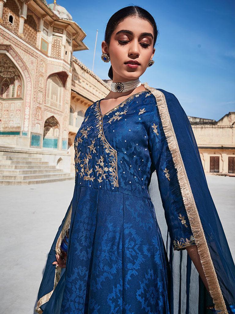 Blue Silk Dobby Embroidered Anarkali Long Kurta With Silk Blend Trousers And Organza Embroidred Dupatta