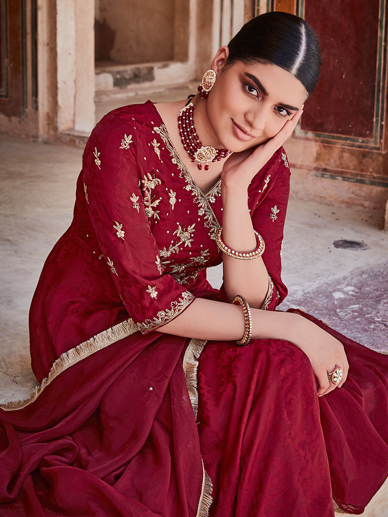 Maroon Silk Dobby Embroidered Anarkali Long Kurta With Silk Blend Trousers And Organza Embroidred Dupatta