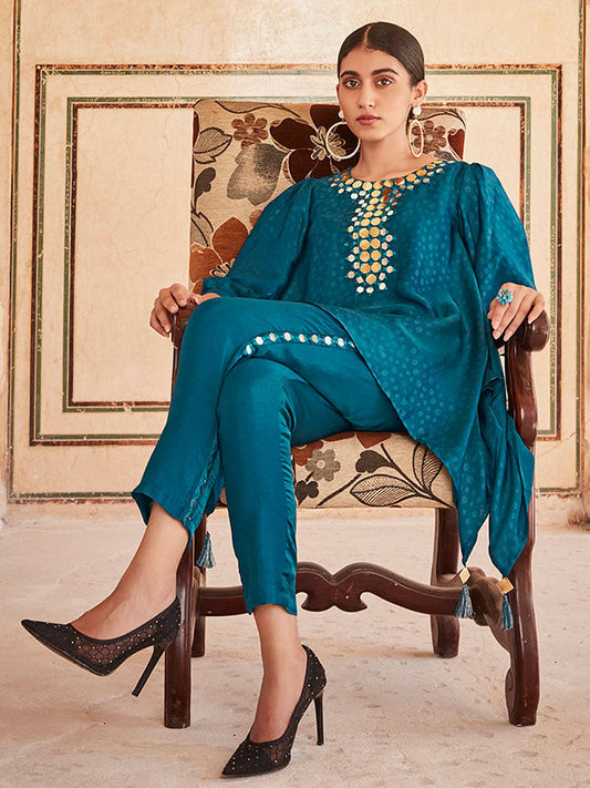 Teal Handkerchief Mirror Embellished Silk Top With Mirror Embellished Trousers