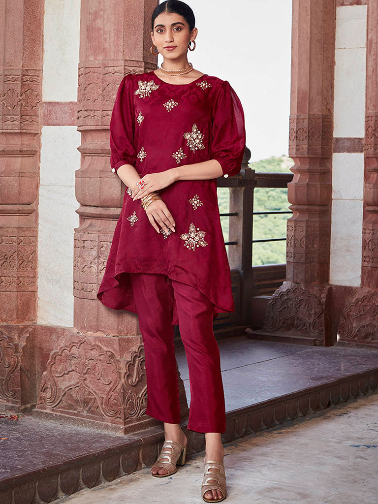 Maroon Self Weave Embroidered Co-ord Set