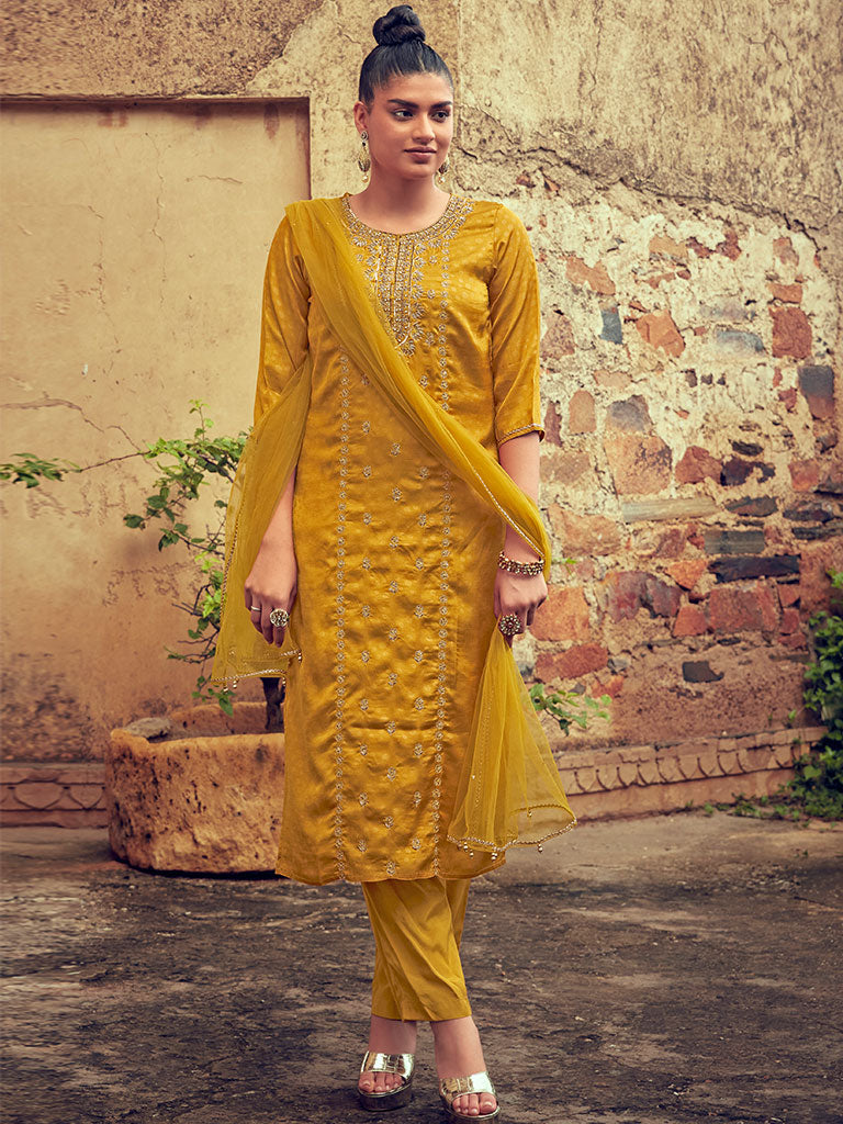 Mustard Embellished Silk Kurta With Silk Blend Pants And Net Embellished Dupatta