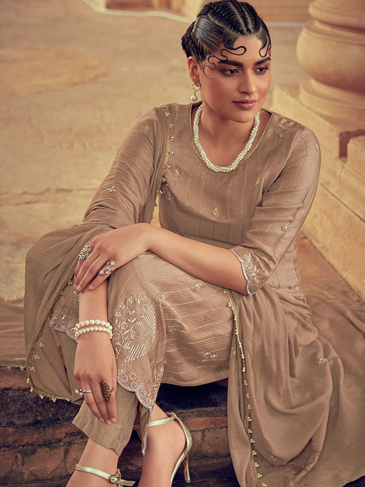 Powder Beige Color Straight Zardozi Embroided Kurta With Pants And Chinon Embroidered Dupatta