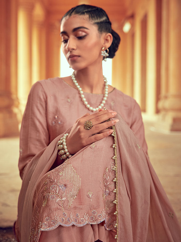 Beige Color Straight Zardozi Embroided Kurta With Pants And Chinon Embroidered Dupatta