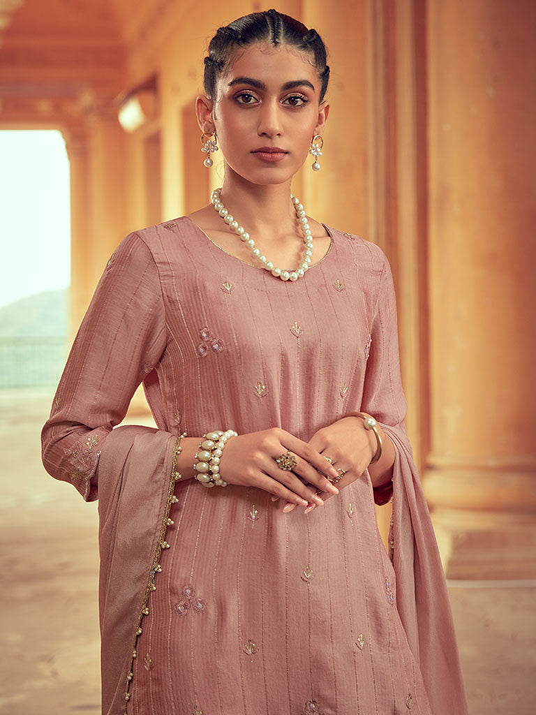 Beige Color Straight Zardozi Embroided Kurta With Pants And Chinon Embroidered Dupatta