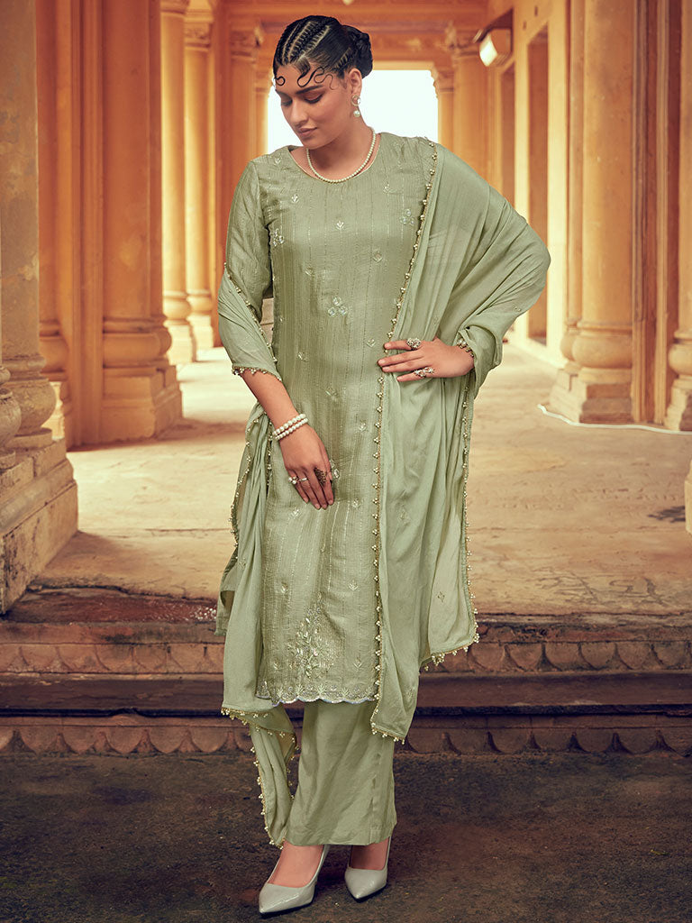 Light Green Color Straight Zardozi Embroided Kurta With Pants And Chinon Embroidered Dupatta