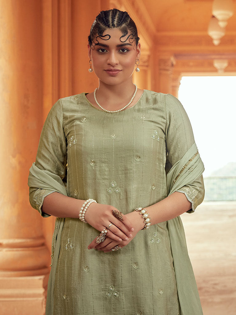 Light Green Color Straight Zardozi Embroided Kurta With Pants And Chinon Embroidered Dupatta
