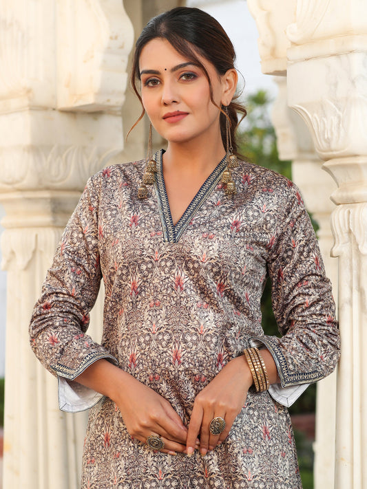 Beige Printed Velvet Straight Kurta With Pants