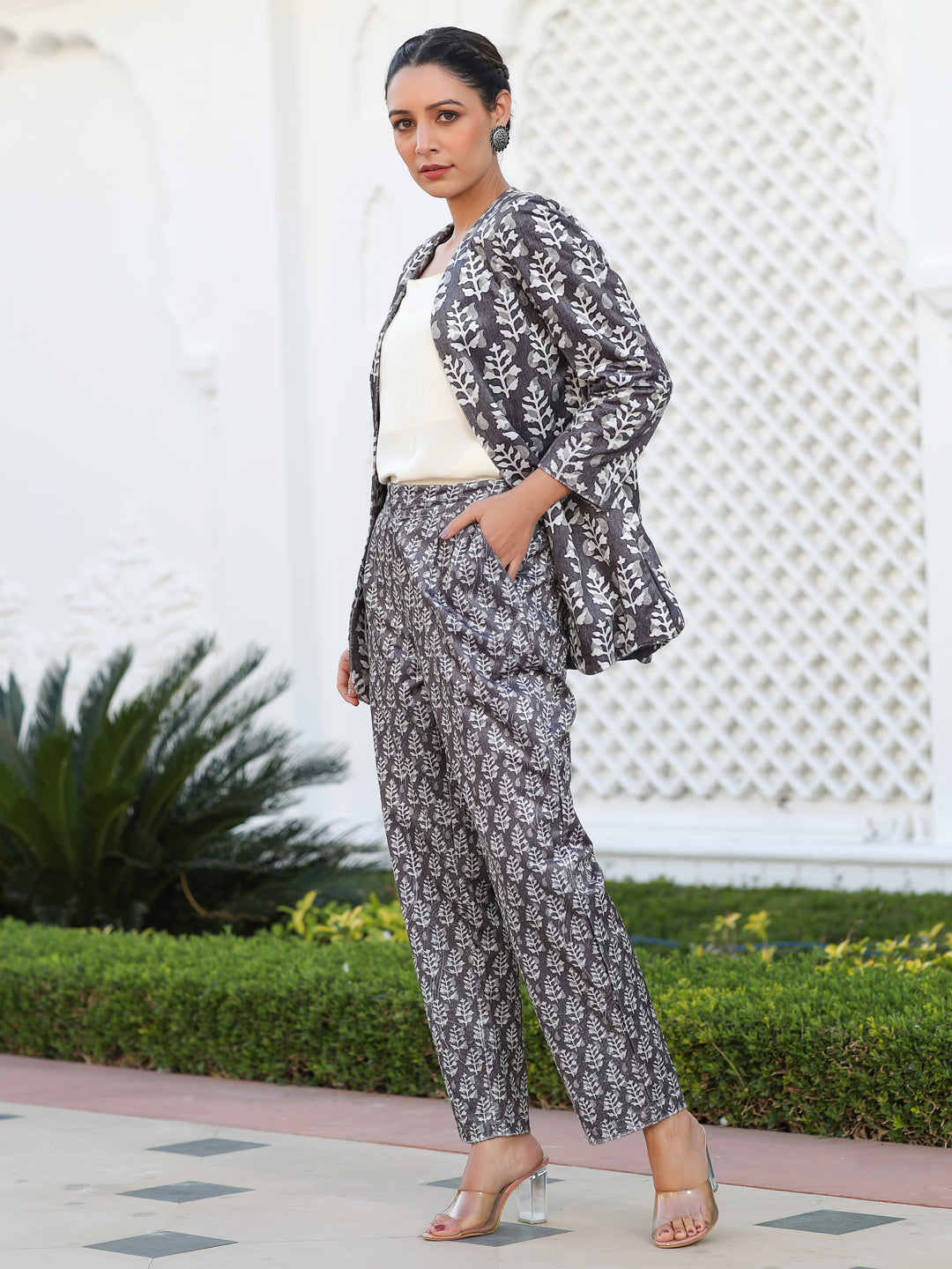Embroidered Grey Printed Velvet Jacket With Cream Crop Top And Printed Velvet Pants