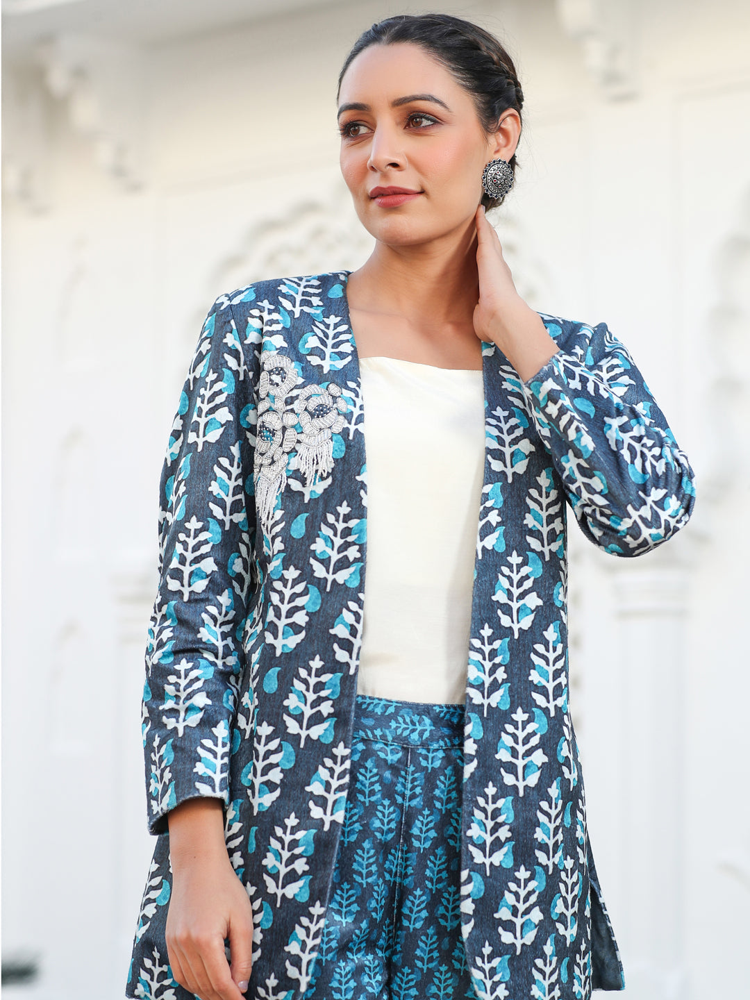 Embroidered Blue Printed Velvet Jacket With Cream Crop Top And Printed Velvet Pants
