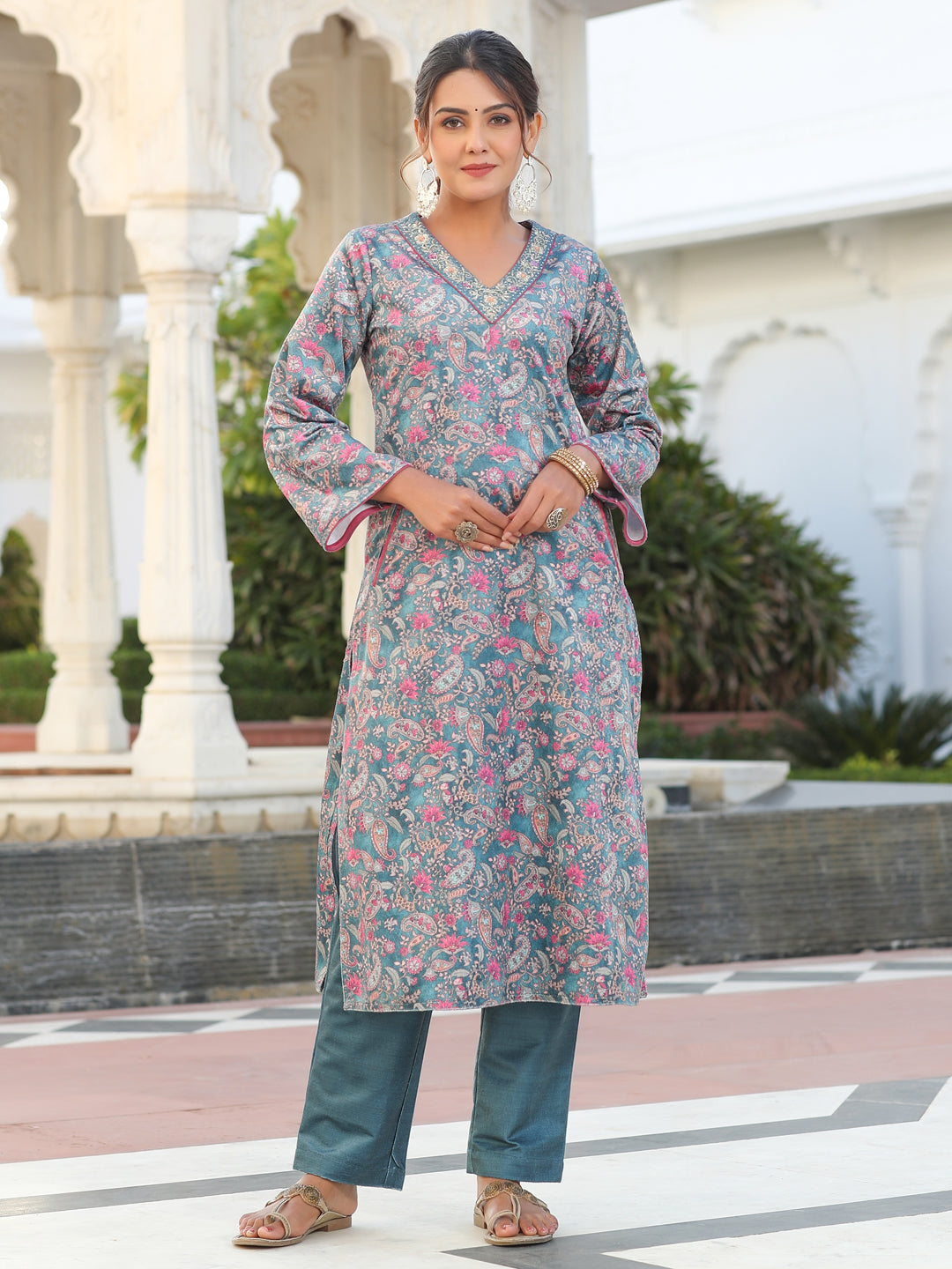 Bottle Green Velvet Printed Embroidered Kurta Pair With Solid Velvet Pant