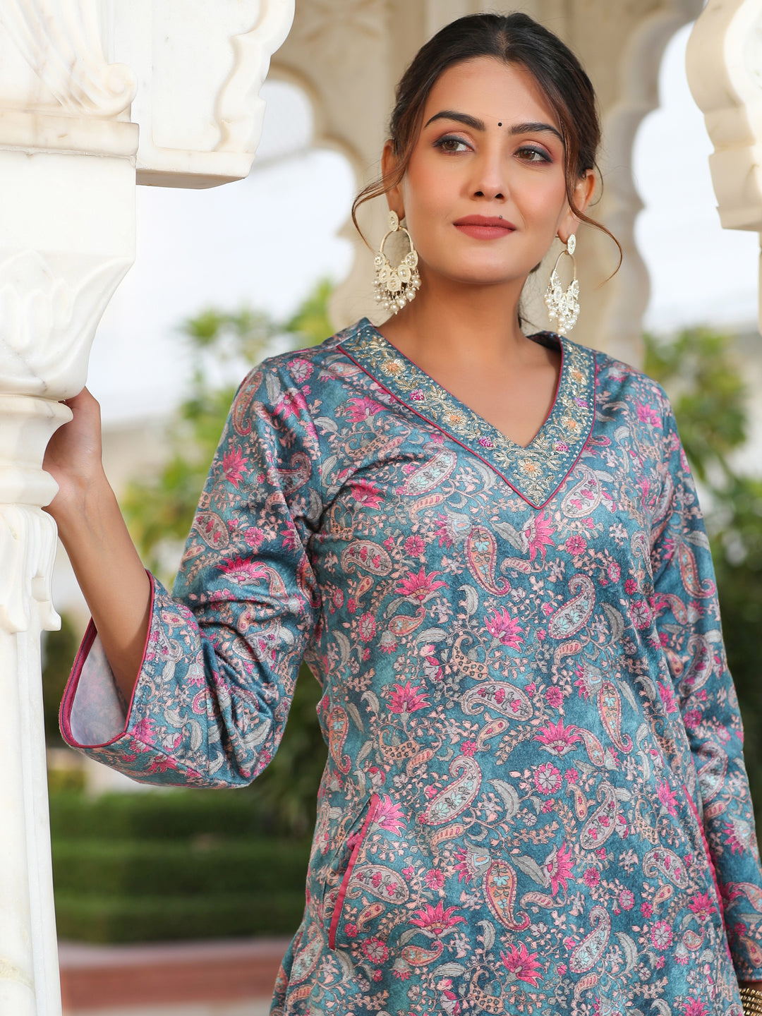 Bottle Green Velvet Printed Embroidered Kurta Pair With Solid Velvet Pant