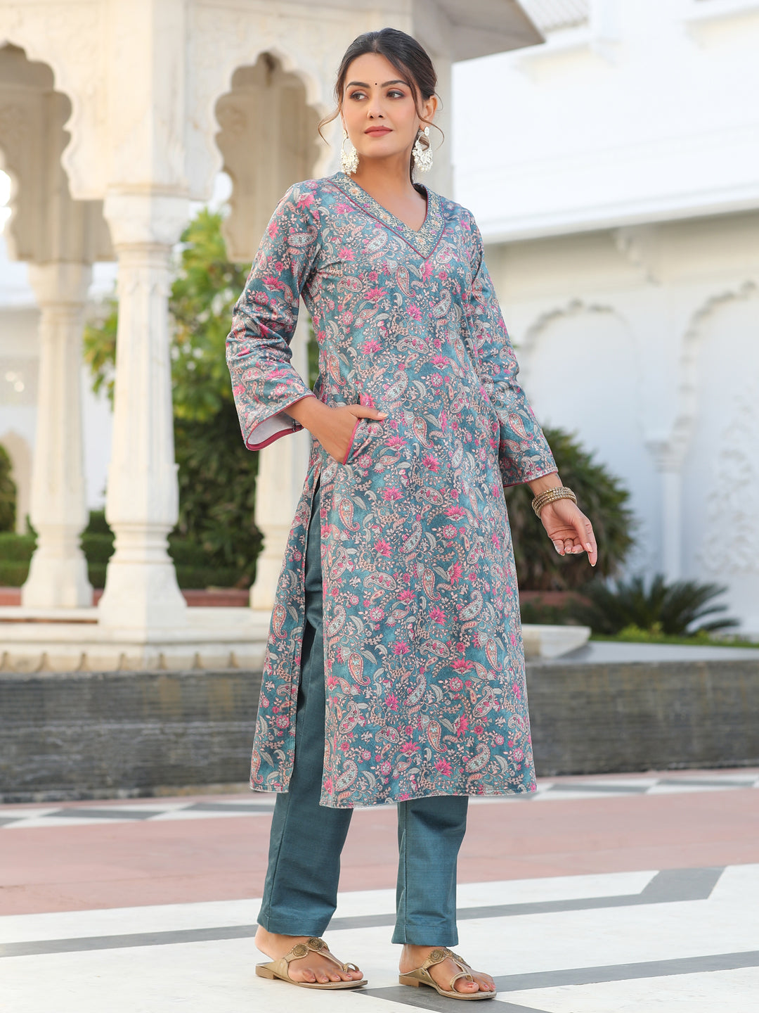 Bottle Green Velvet Printed Embroidered Kurta Pair With Solid Velvet Pant