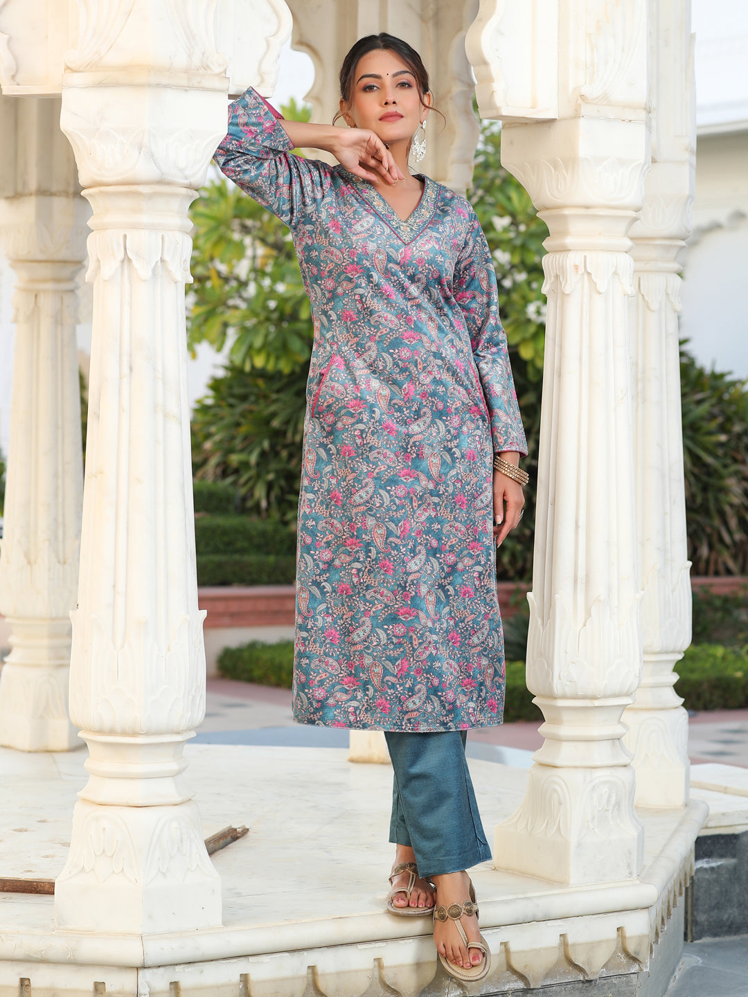 Bottle Green Velvet Printed Embroidered Kurta Pair With Solid Velvet Pant