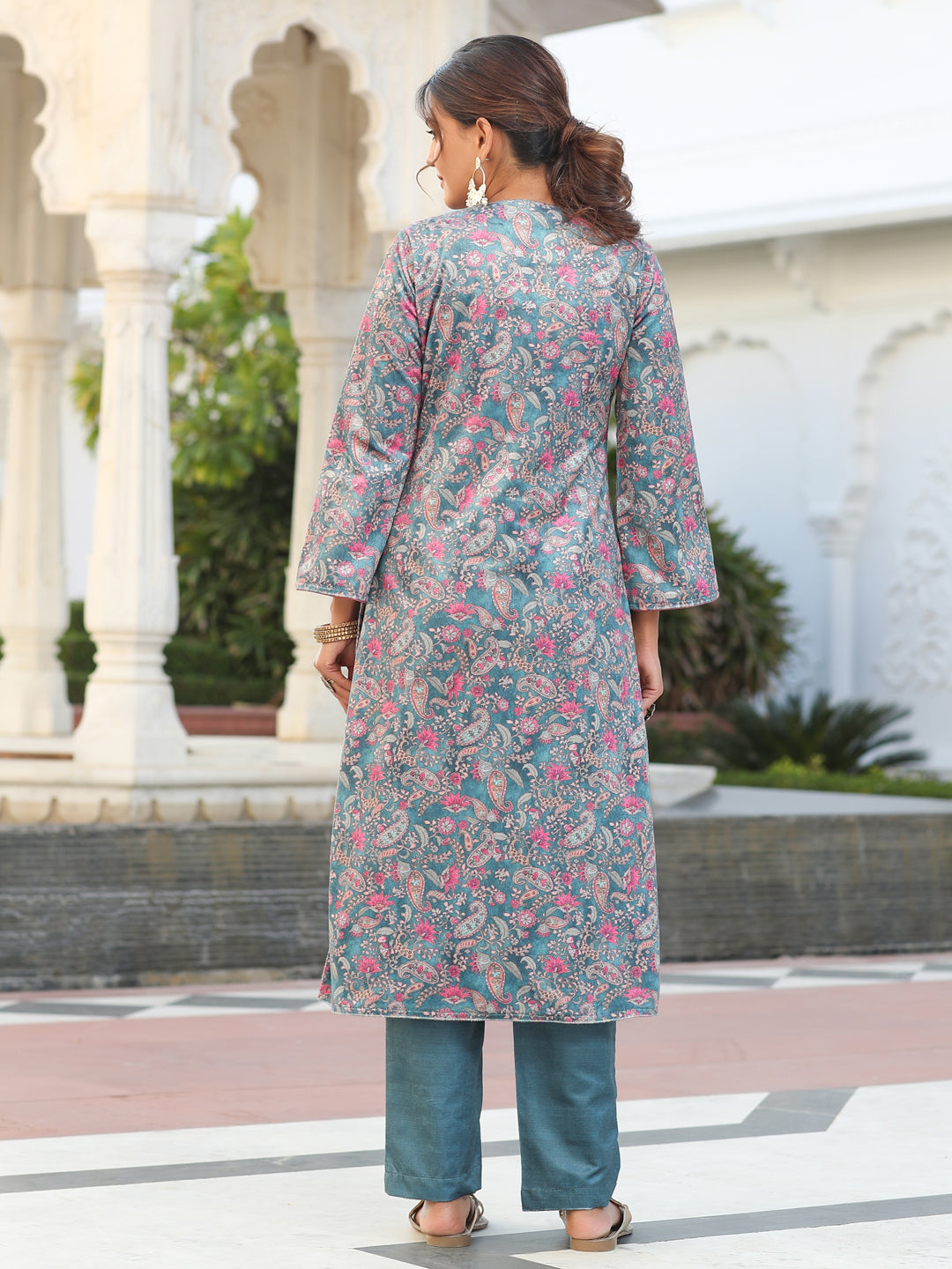 Bottle Green Velvet Printed Embroidered Kurta Pair With Solid Velvet Pant