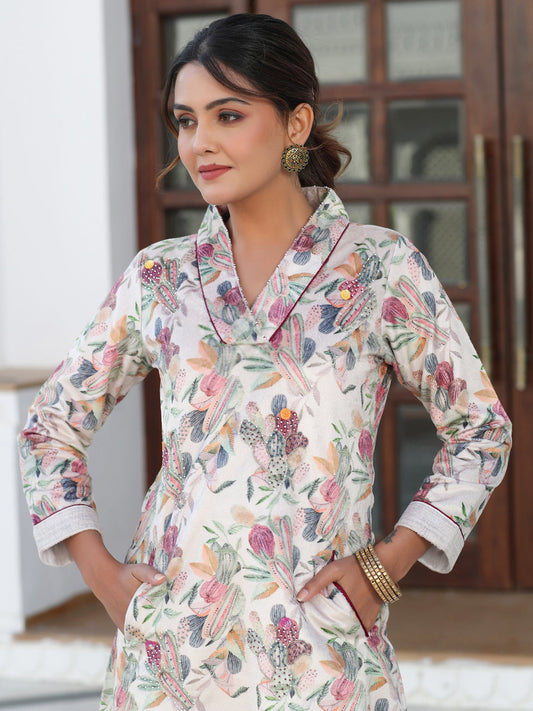 Beige Printed Embroidered Velvet Aline Kurta With Solid Velvet Pant