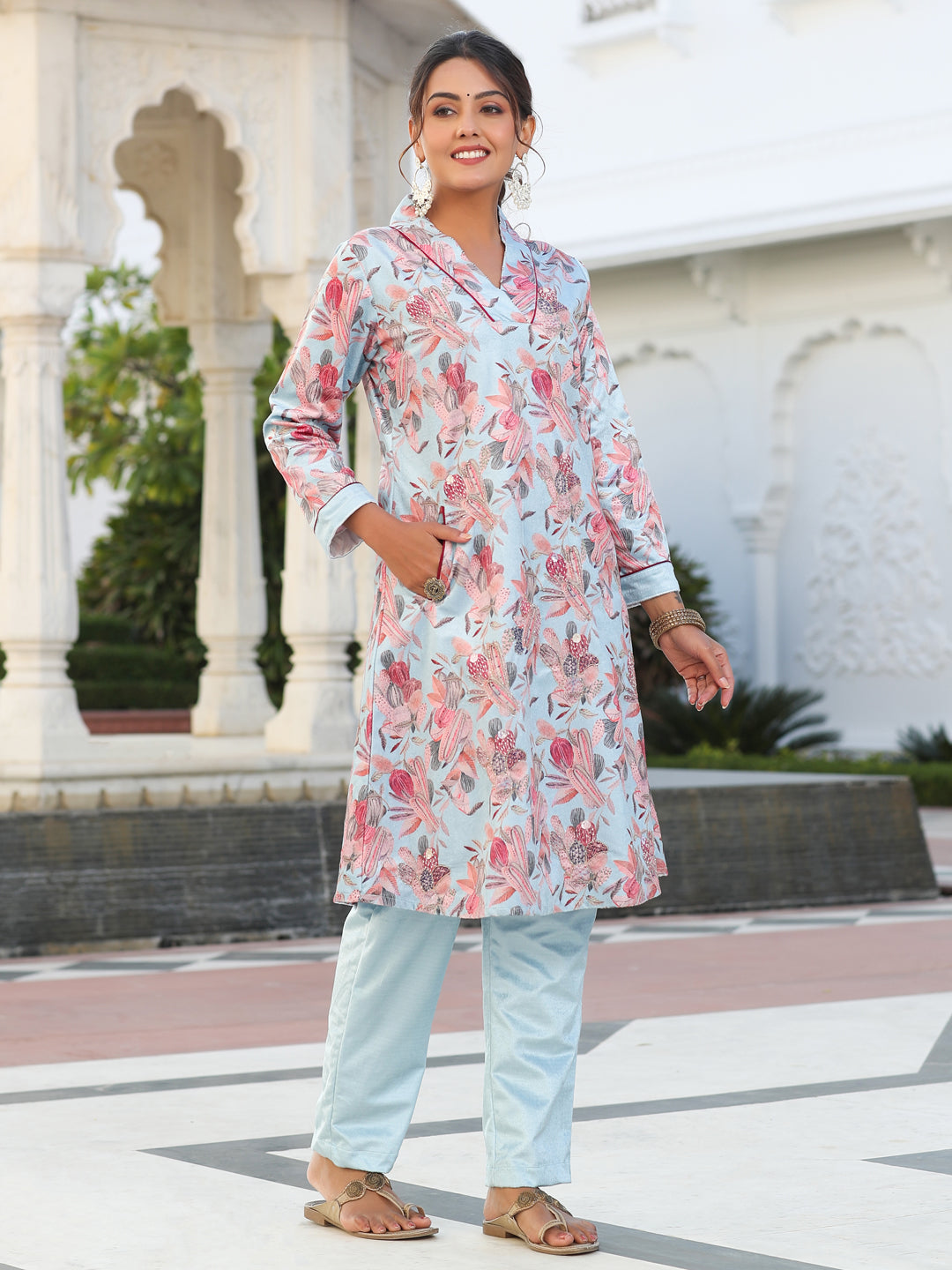 Blue Printed Embroidered Velvet Aline Kurta With Solid Velvet Pant