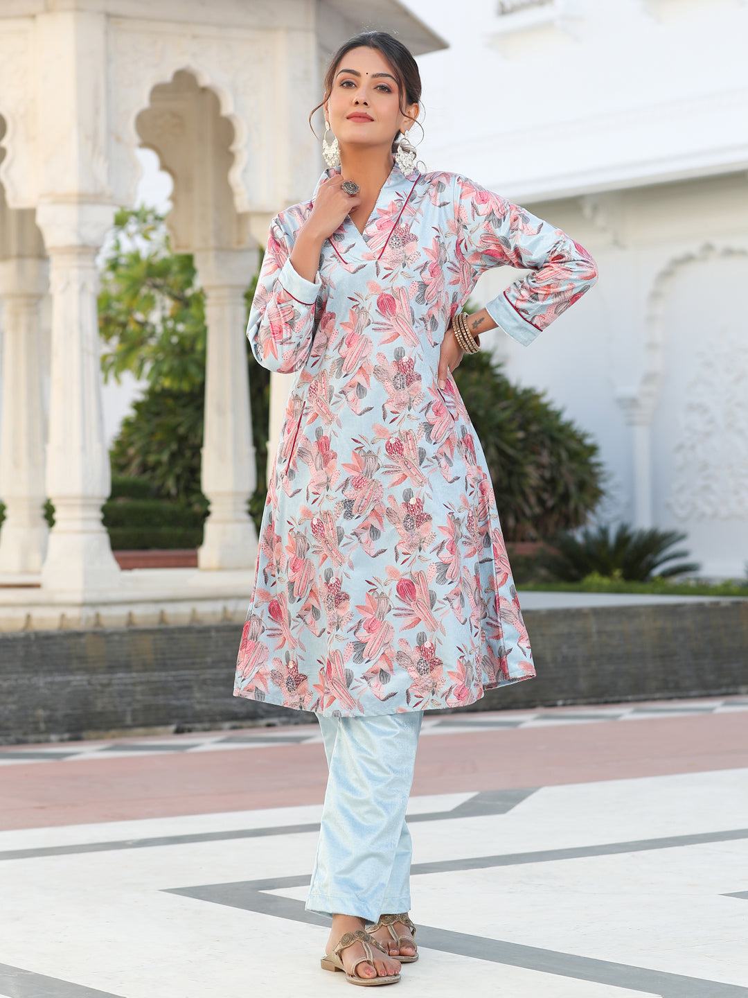 Blue Printed Embroidered Velvet Aline Kurta With Solid Velvet Pant