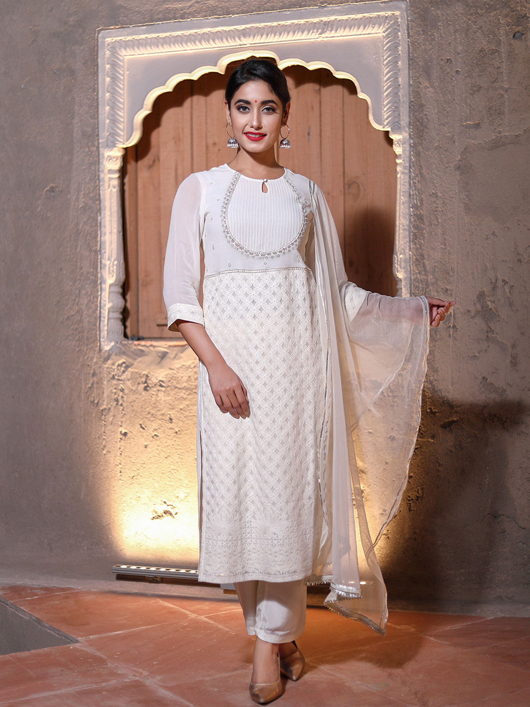 Off-White Embroidered Straight Kurta with Palazzos and Net Dupatta
