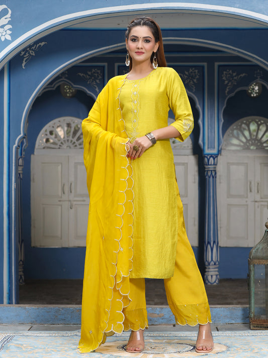 Straight Embroidered Kurta with Palazzos & Dupatta