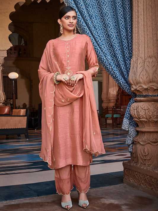 Mauva Straight Solid Embroidered Silk Kurta With Palazzo And Organza Dupatta