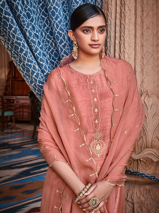 Mauva Straight Solid Embroidered Silk Kurta With Palazzo And Organza Dupatta