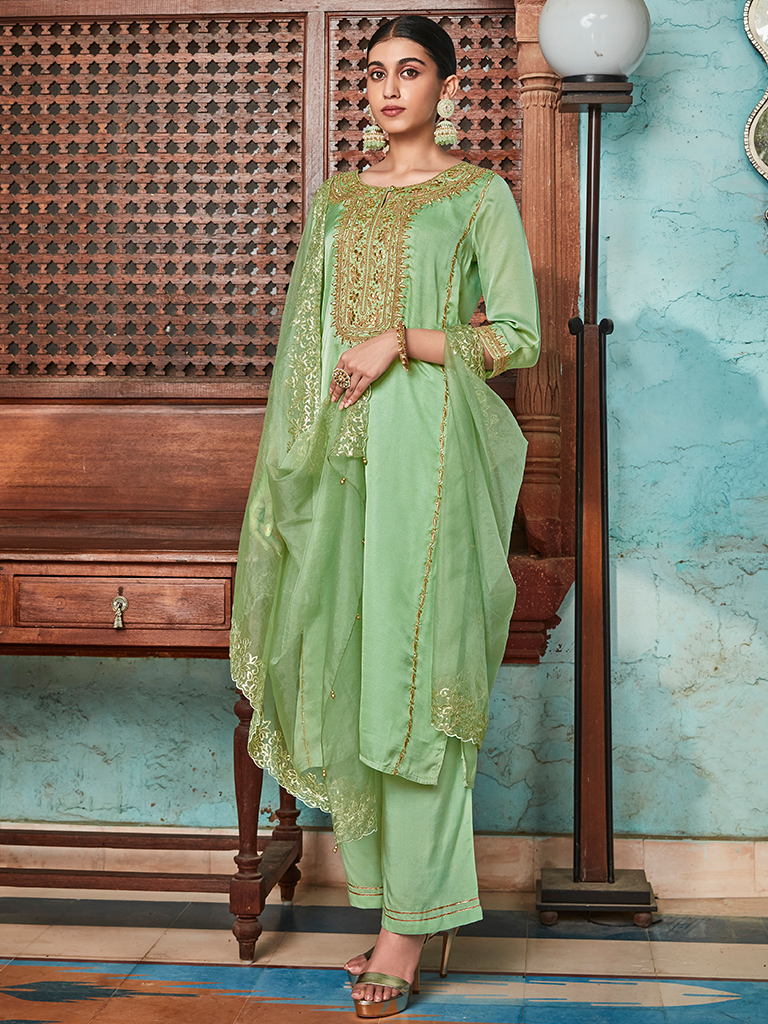 Pista Green Straight Embroided Silk Kurta With Palazzo And Organza Embroidered Dupatta