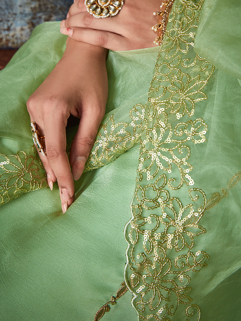 Pista Green Straight Embroided Silk Kurta With Palazzo And Organza Embroidered Dupatta