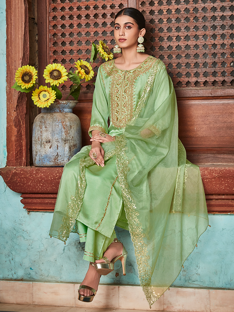 Pista Green Straight Embroided Silk Kurta With Palazzo And Organza Embroidered Dupatta