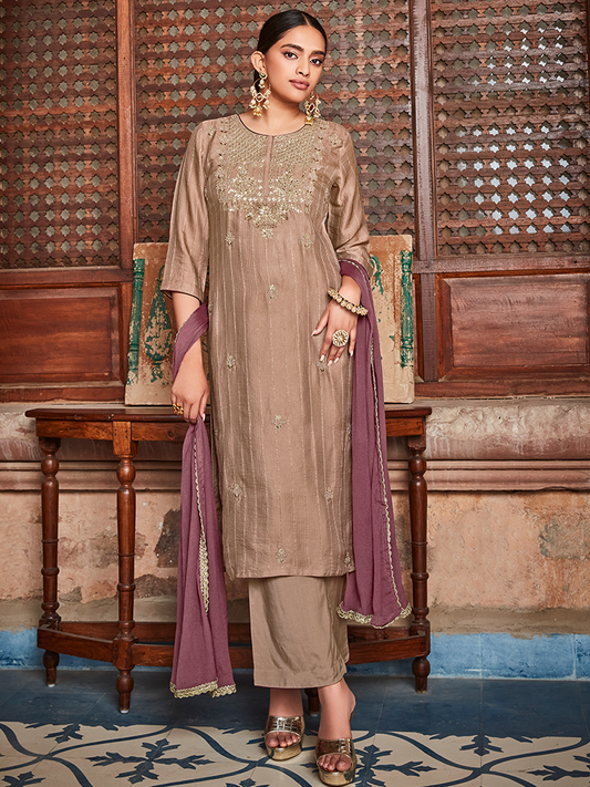 Beige Straight Zardozi Embroided Kurta With Palazzo And Chinon Embroidered Dupatta