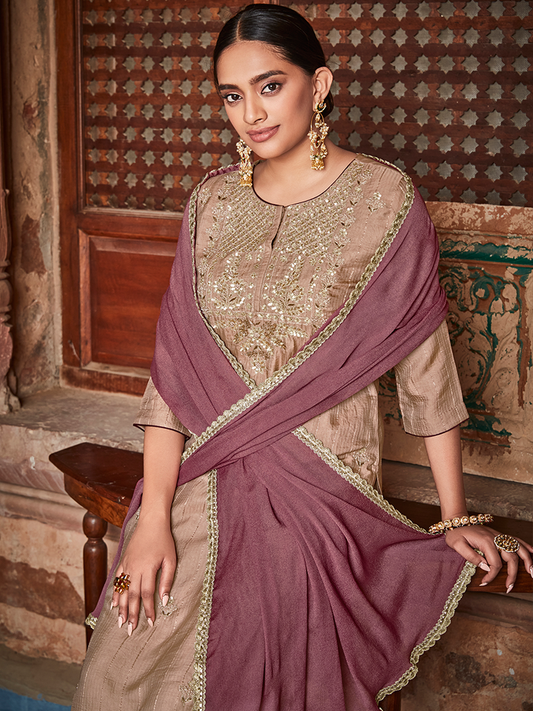 Beige Straight Zardozi Embroided Kurta With Palazzo And Chinon Embroidered Dupatta