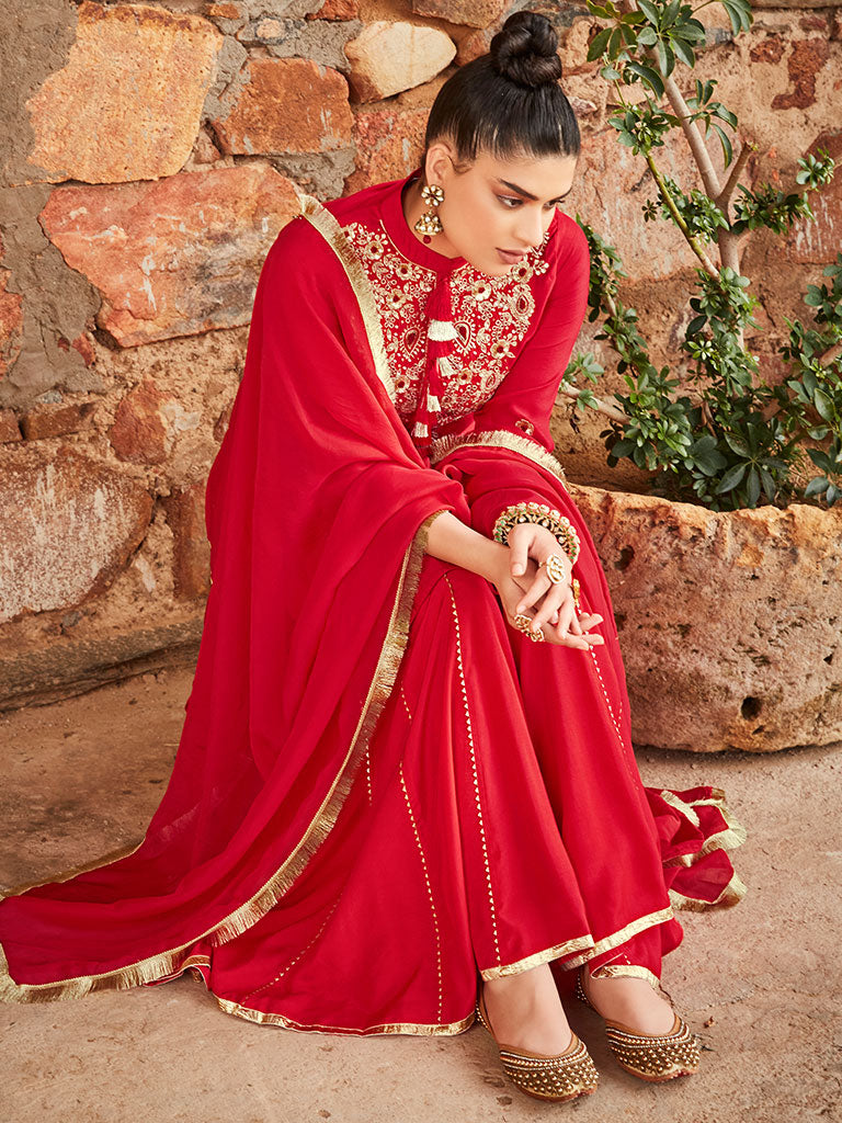 Red Straight Embroidery Silk Kurta With Sharara And Organza Dupatta