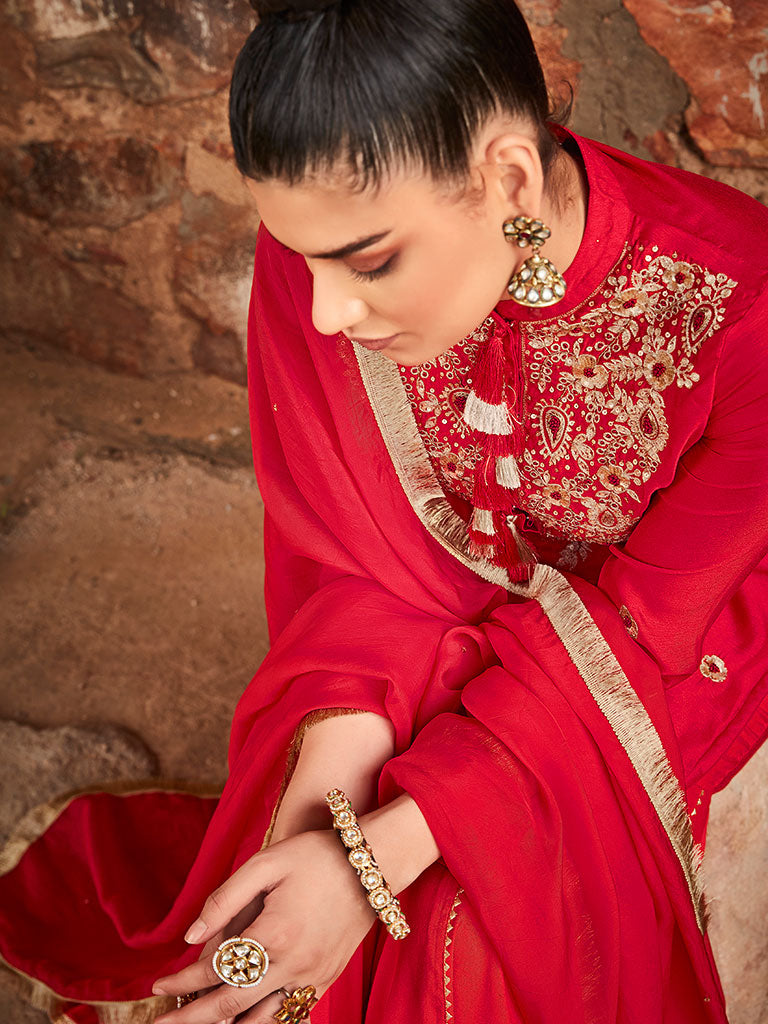 Red Straight Embroidery Silk Kurta With Sharara And Organza Dupatta