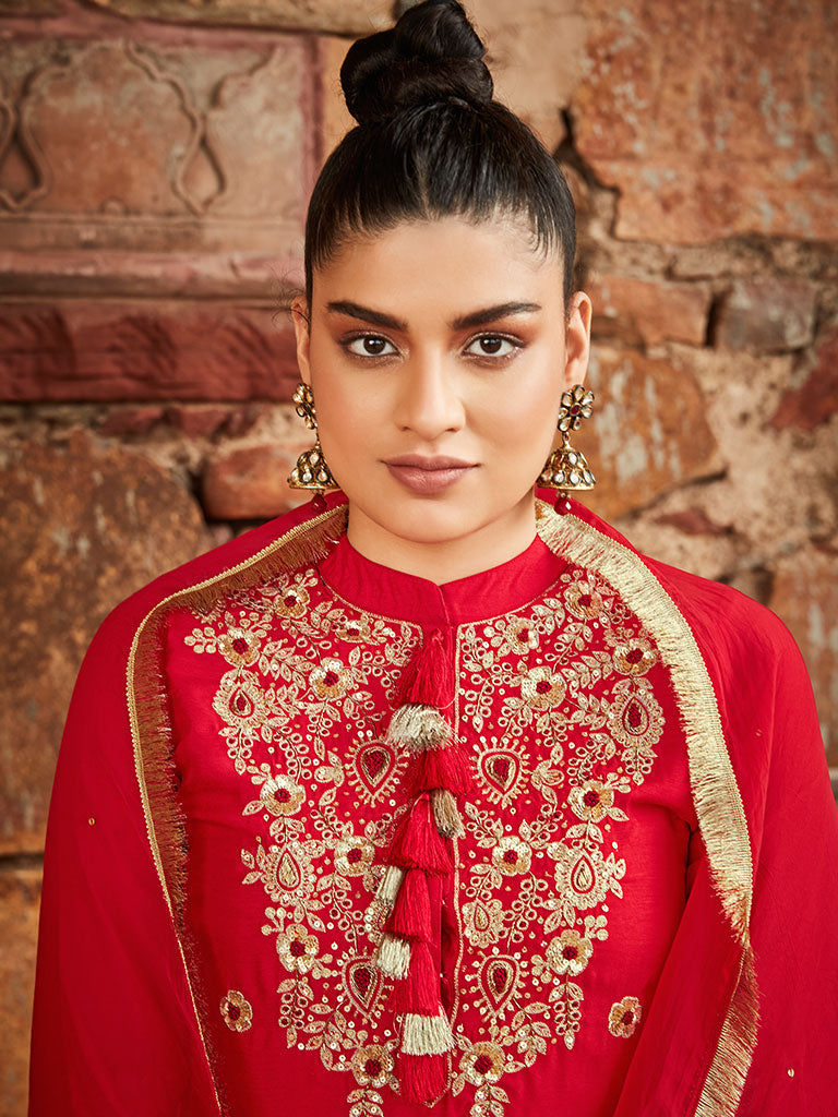 Red Straight Embroidery Silk Kurta With Sharara And Organza Dupatta