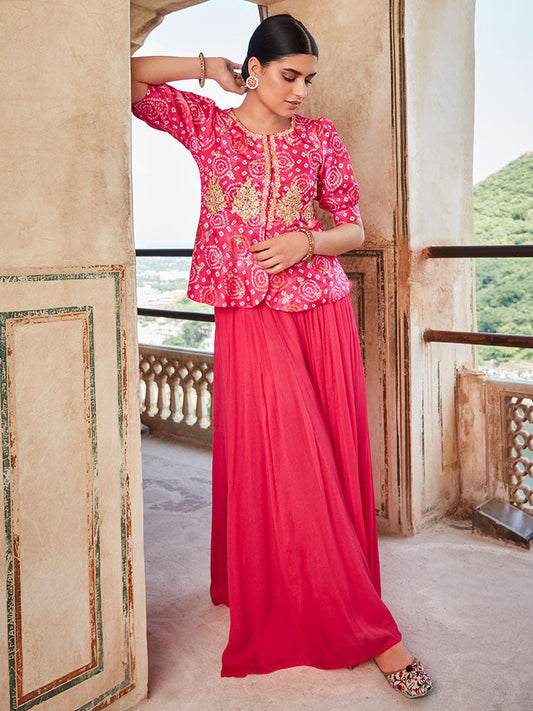 Embellished Pink Muslin Bhandej Peplum Top With Chinon Flared Divider