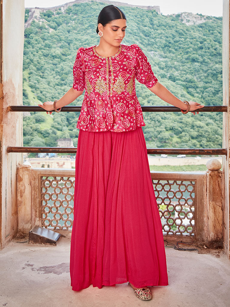 Embellished Pink Muslin Bhandej Peplum Top With Chinon Flared Divider