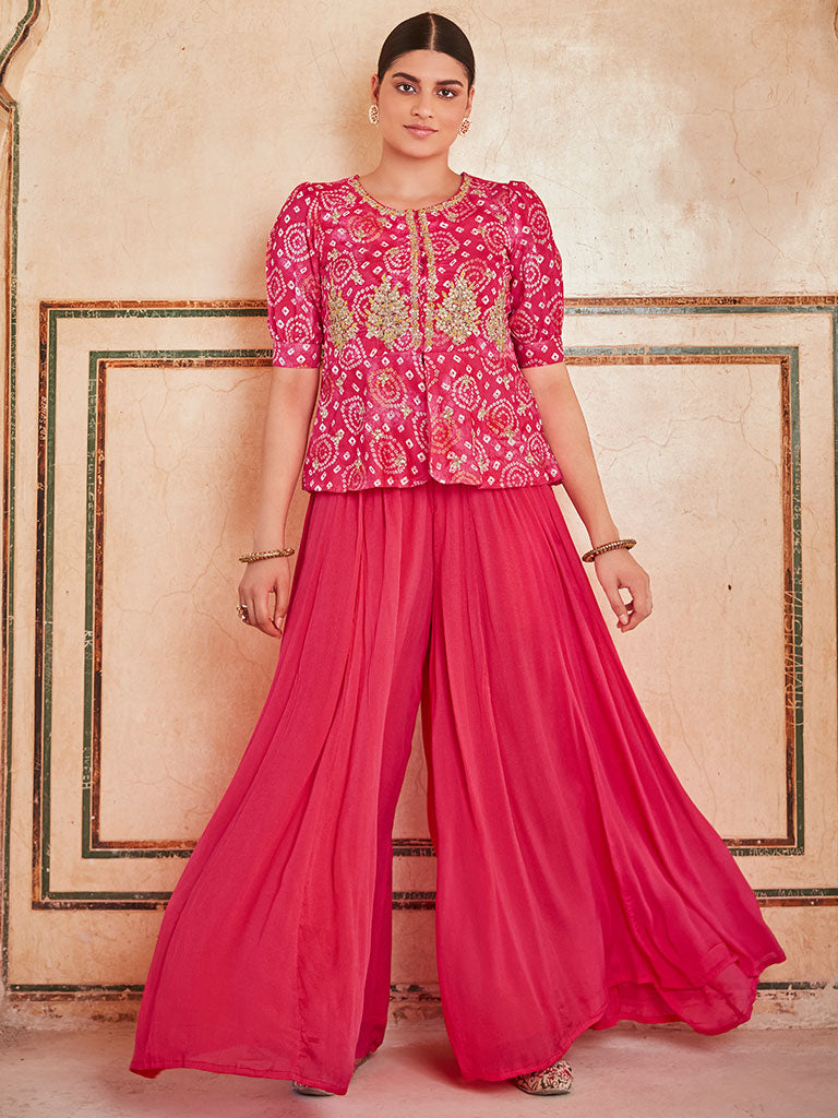 Embellished Pink Muslin Bhandej Peplum Top With Chinon Flared Divider