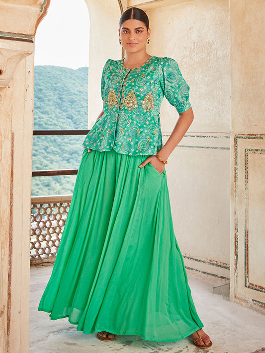 Embellished Green Muslin Bhandej Peplum Top With Chinon Flared Divider