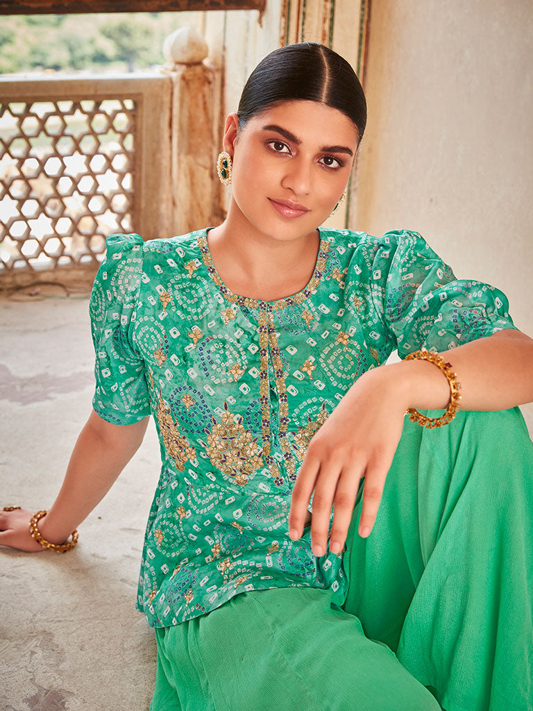 Embellished Green Muslin Bhandej Peplum Top With Chinon Flared Divider