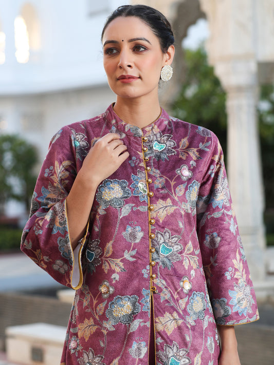 Magenta Printed Embroidered Velvet Straight Kurta Paired With Solid Velvet Palazzo