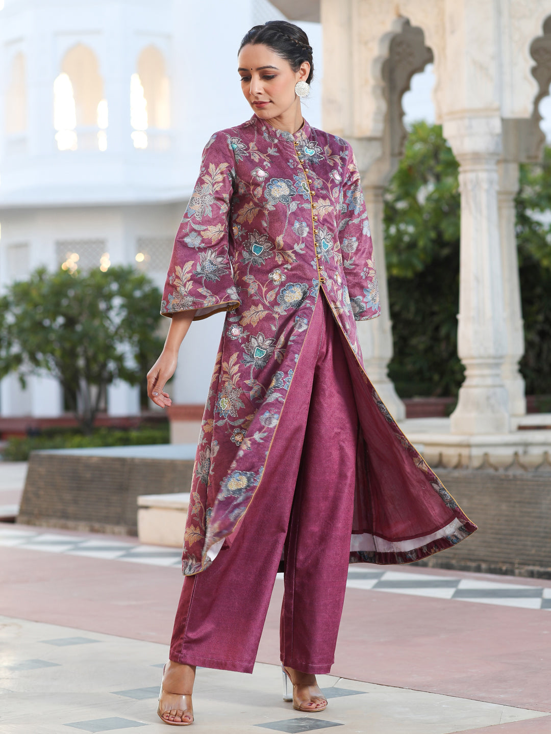 Magenta Printed Embroidered Velvet Straight Kurta Paired With Solid Velvet Palazzo