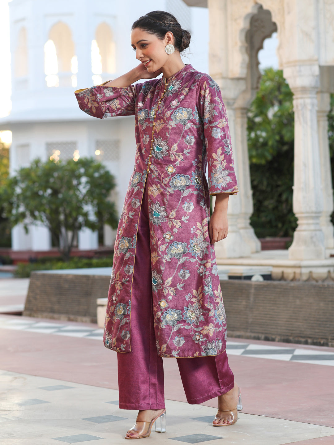 Magenta Printed Embroidered Velvet Straight Kurta Paired With Solid Velvet Palazzo