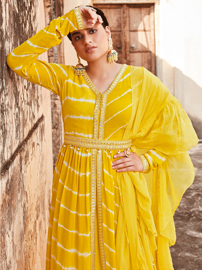 Yellow Lehriya Flared Jacket With Skirt And Dupatta And Mirror Work Belt