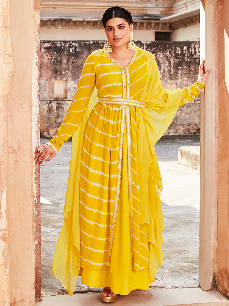 Yellow Lehriya Flared Jacket With Skirt And Dupatta And Mirror Work Belt