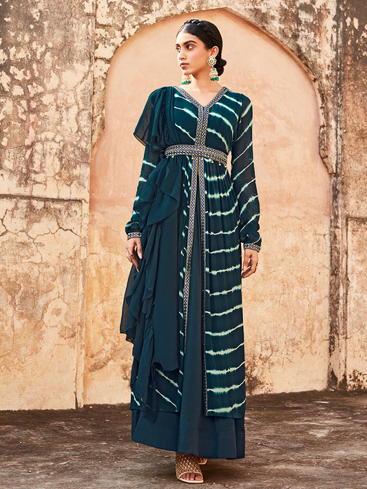 Blue Lehriya Flared Jacket With Skirt And Dupatta And Mirror Work Belt