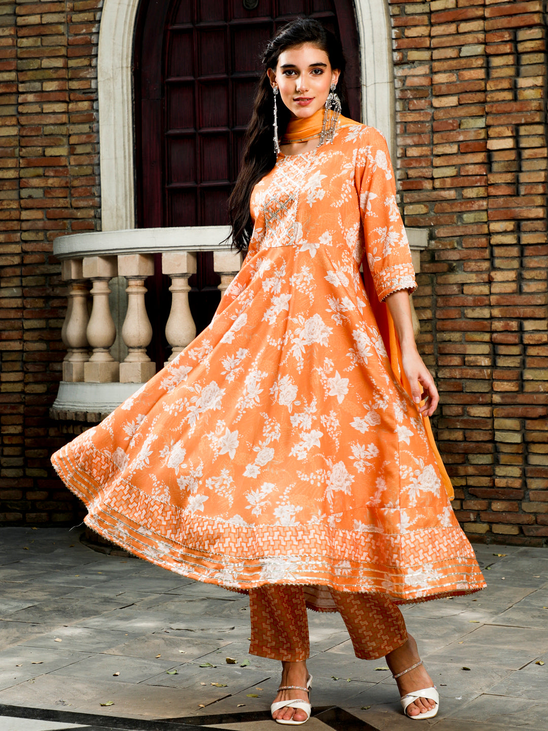 Mustard Floral Print Flared Kurta With Pants And Dupatta