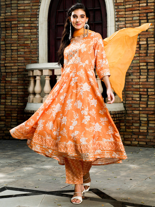 Mustard Floral Print Flared Kurta With Pants And Dupatta