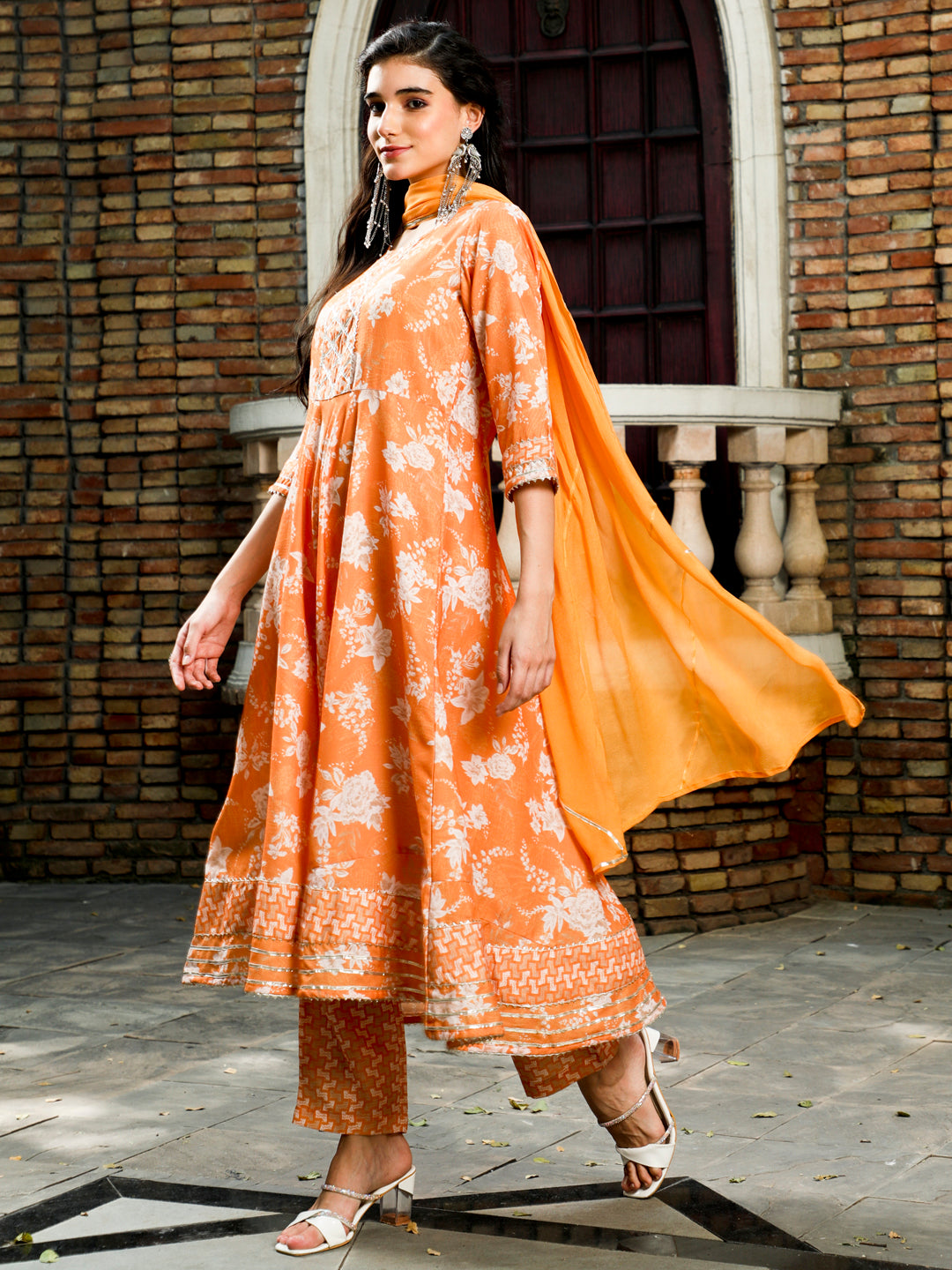 Mustard Floral Print Flared Kurta With Pants And Dupatta